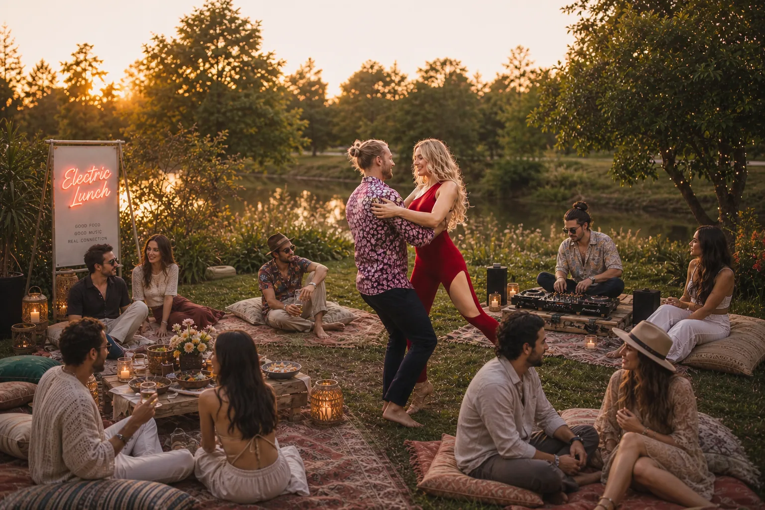 A couple dancing at golden hour, surrounded by friends in a backyard.